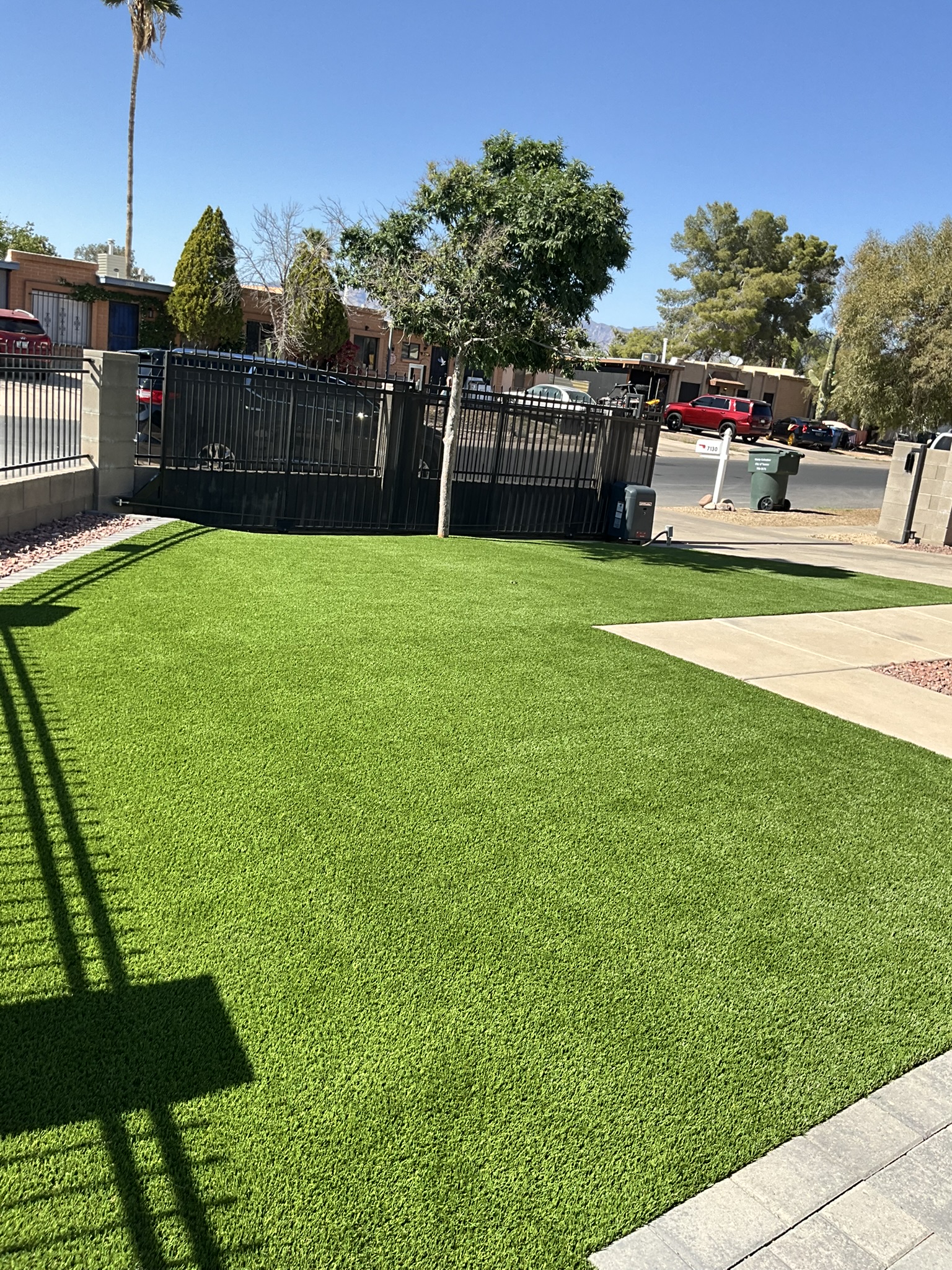 Side yard with turf and pavers